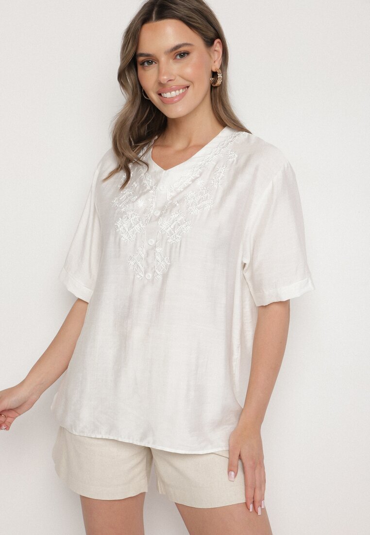 j&x Bluză Albă din bumbac cu broderie decorativă Rinevra