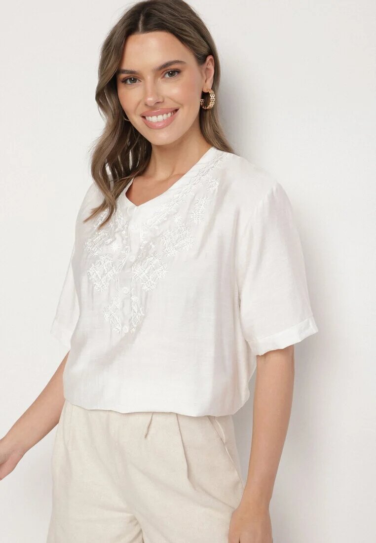 j&x Bluză Albă din bumbac cu broderie decorativă Rinevra