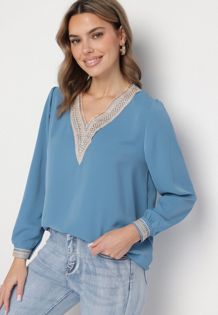 j&x Bluză Albastră în Stil Rustic cu Dantelă și Decolteu în V Gonlira
