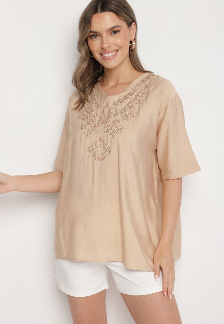 j&x Bluză Bej Din bumbac cu broderie decorativă Rinevra