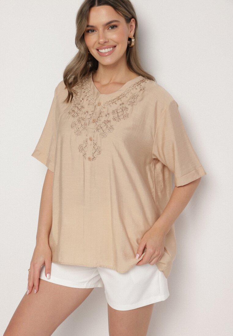 j&x Bluză Bej Din bumbac cu broderie decorativă Rinevra