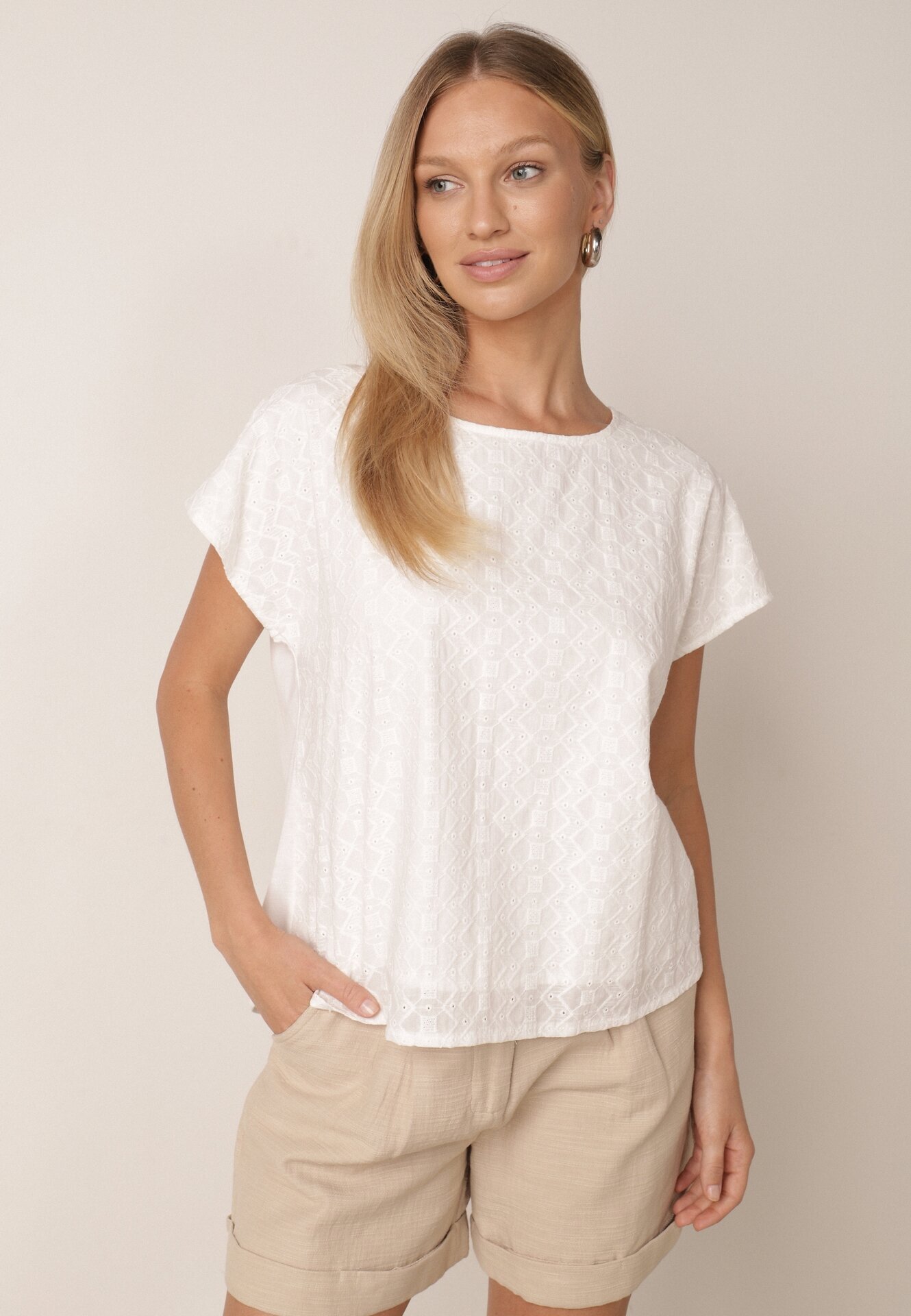 j&x Bluză din Bumbac cu Croi Oversize Decorată cu Broderie Adriatea Albă
