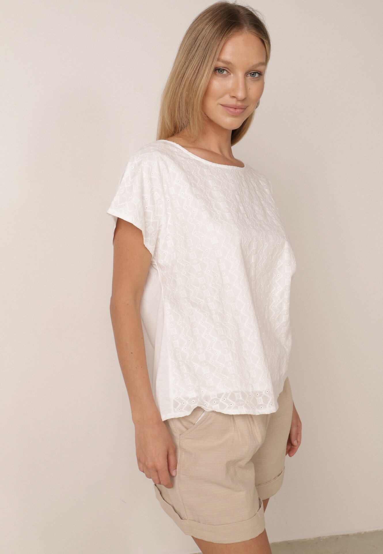 j&x Bluză din Bumbac cu Croi Oversize Decorată cu Broderie Adriatea Albă