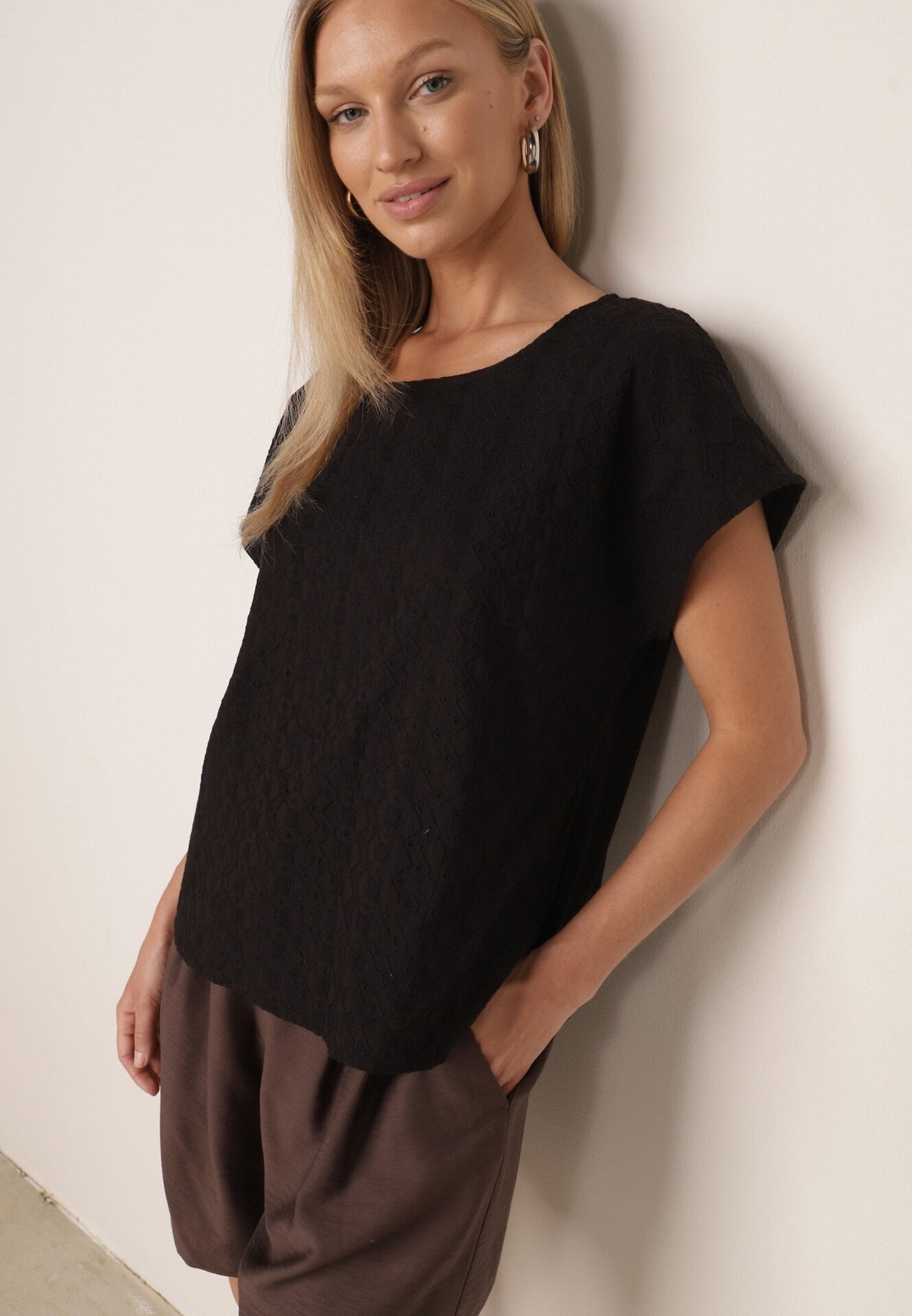 j&x Bluză din Bumbac cu Croi Oversize Decorată cu Broderie Adriatea Neagră