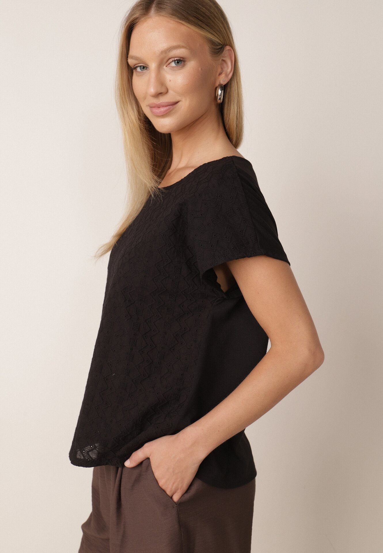 j&x Bluză din Bumbac cu Croi Oversize Decorată cu Broderie Adriatea Neagră