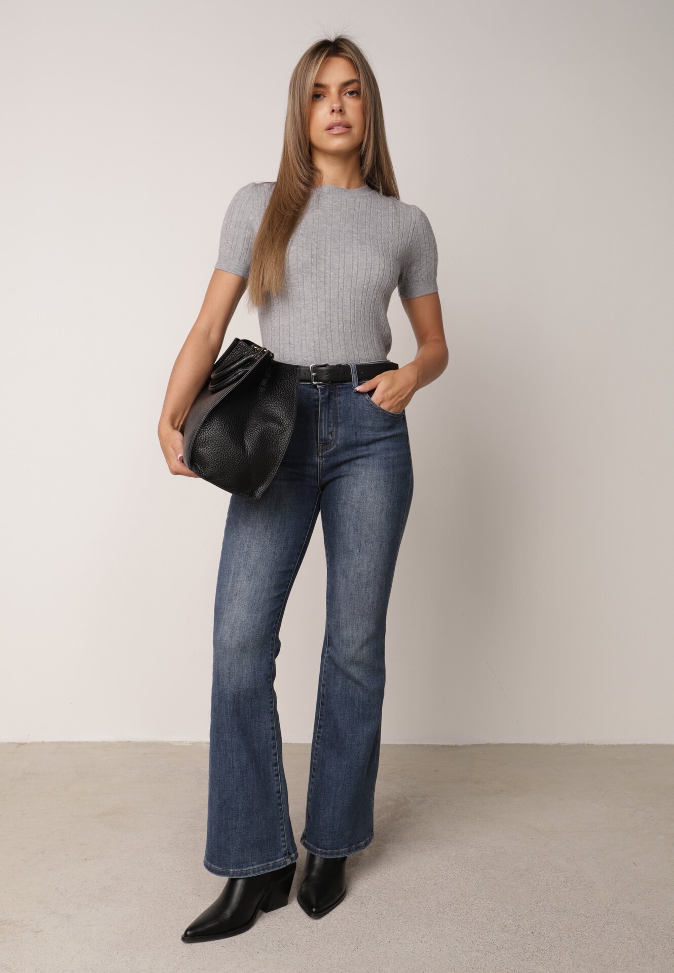j&x Bluză elegantă cu mânecă scurtă din vâscoză cu model împletit Stria Gri