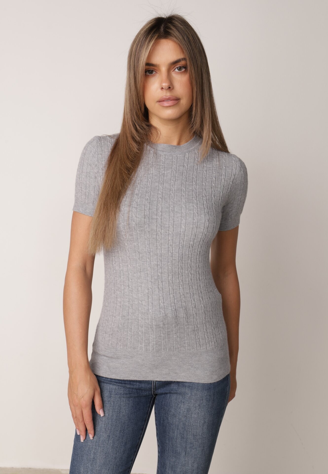 j&x Bluză elegantă cu mânecă scurtă din vâscoză cu model împletit Stria Gri