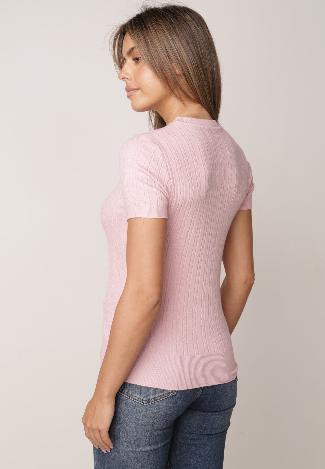 j&x Bluză elegantă cu mânecă scurtă din vâscoză cu model împletit Stria Roz