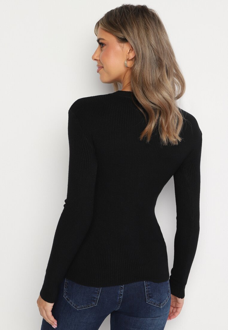 j&x Bluză Neagră cu Mâneci Lungi din Tricot cu Striații Delicate din Terilen