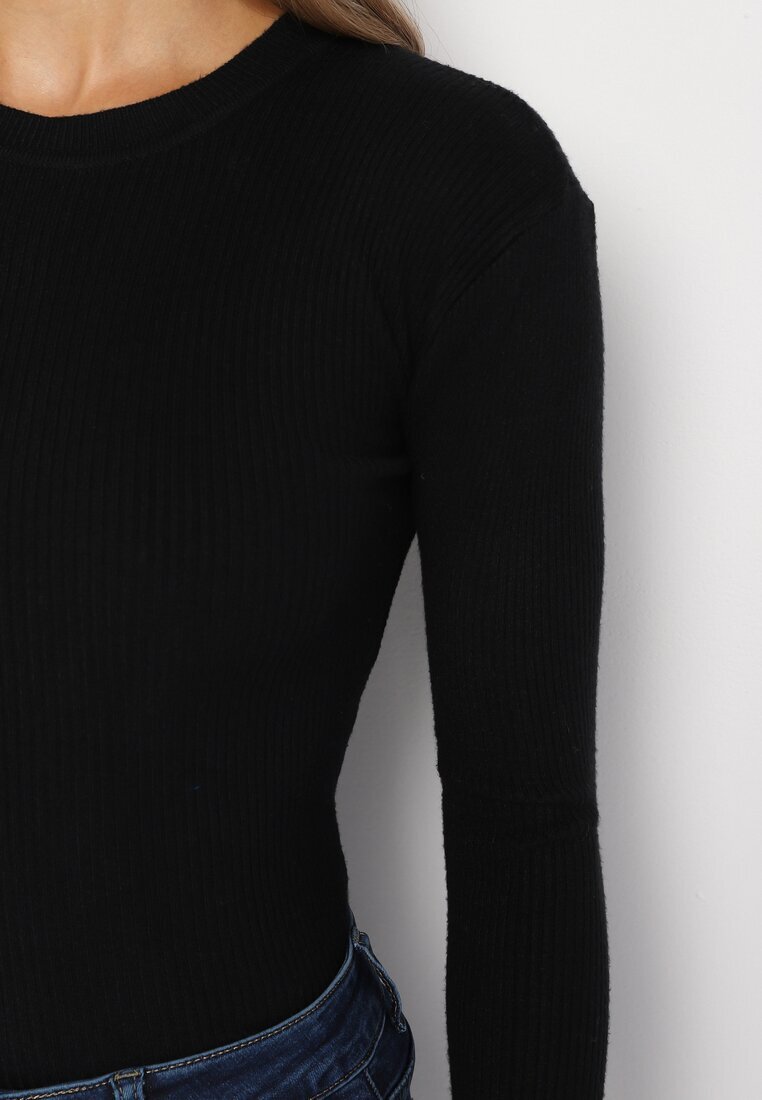 j&x Bluză Neagră cu Mâneci Lungi din Tricot cu Striații Delicate din Terilen