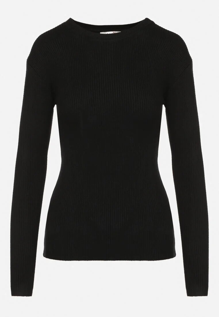 j&x Bluză Neagră cu Mâneci Lungi din Tricot cu Striații Delicate din Terilen
