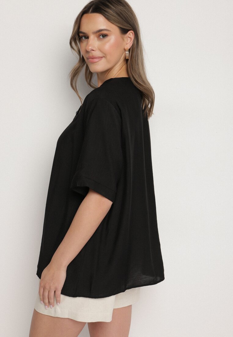 j&x Bluză neagră din bumbac cu broderie decorativă Rinevra