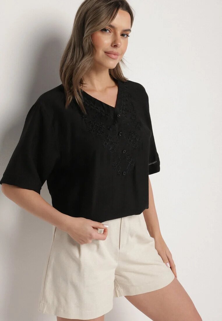 j&x Bluză neagră din bumbac cu broderie decorativă Rinevra