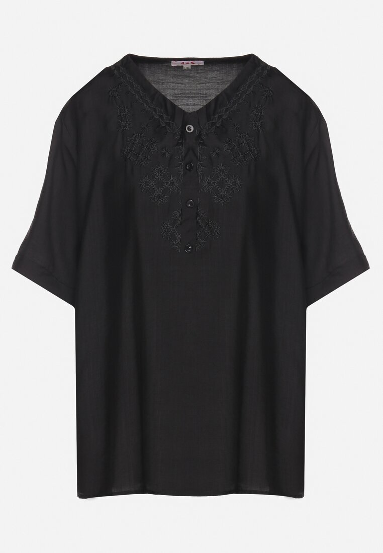 j&x Bluză neagră din bumbac cu broderie decorativă Rinevra