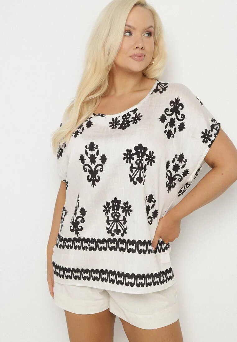 j&x Bluză Negru-Alb din Viscoză cu Model în Stil Boho Lunaseia