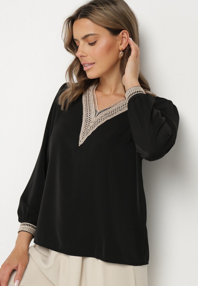 j&x Bluză Negru în Stil Rustic cu Dantelă și Decolteu în V Gonlira