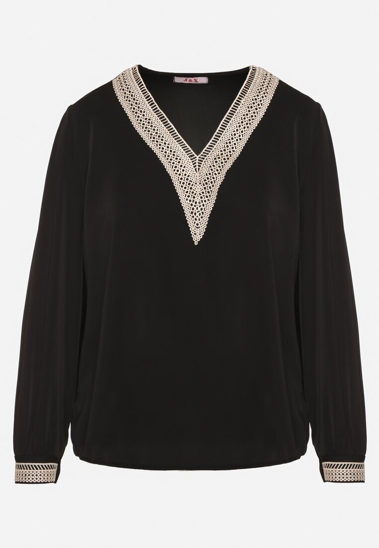 j&x Bluză Negru în Stil Rustic cu Dantelă și Decolteu în V Gonlira