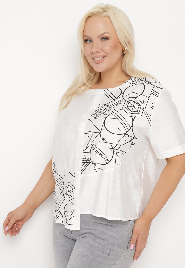 j&x Bluză T-shirt Albă din Bumbac cu Mânecă Scurtă cu Imprimeu și Nasturi Fiomara