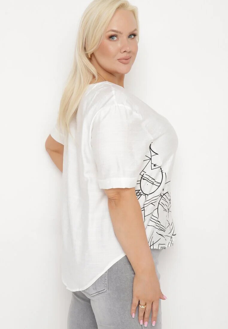 j&x Bluză T-shirt Albă din Bumbac cu Mânecă Scurtă cu Imprimeu și Nasturi Fiomara