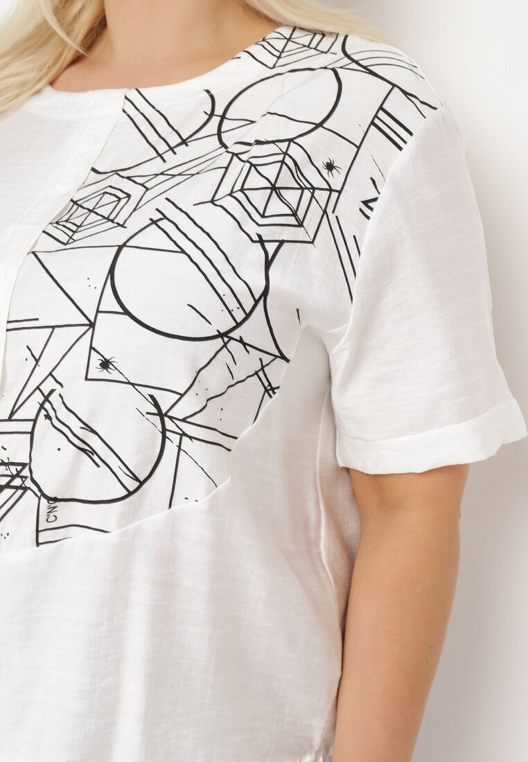 j&x Bluză T-shirt Albă din Bumbac cu Mânecă Scurtă cu Imprimeu și Nasturi Fiomara