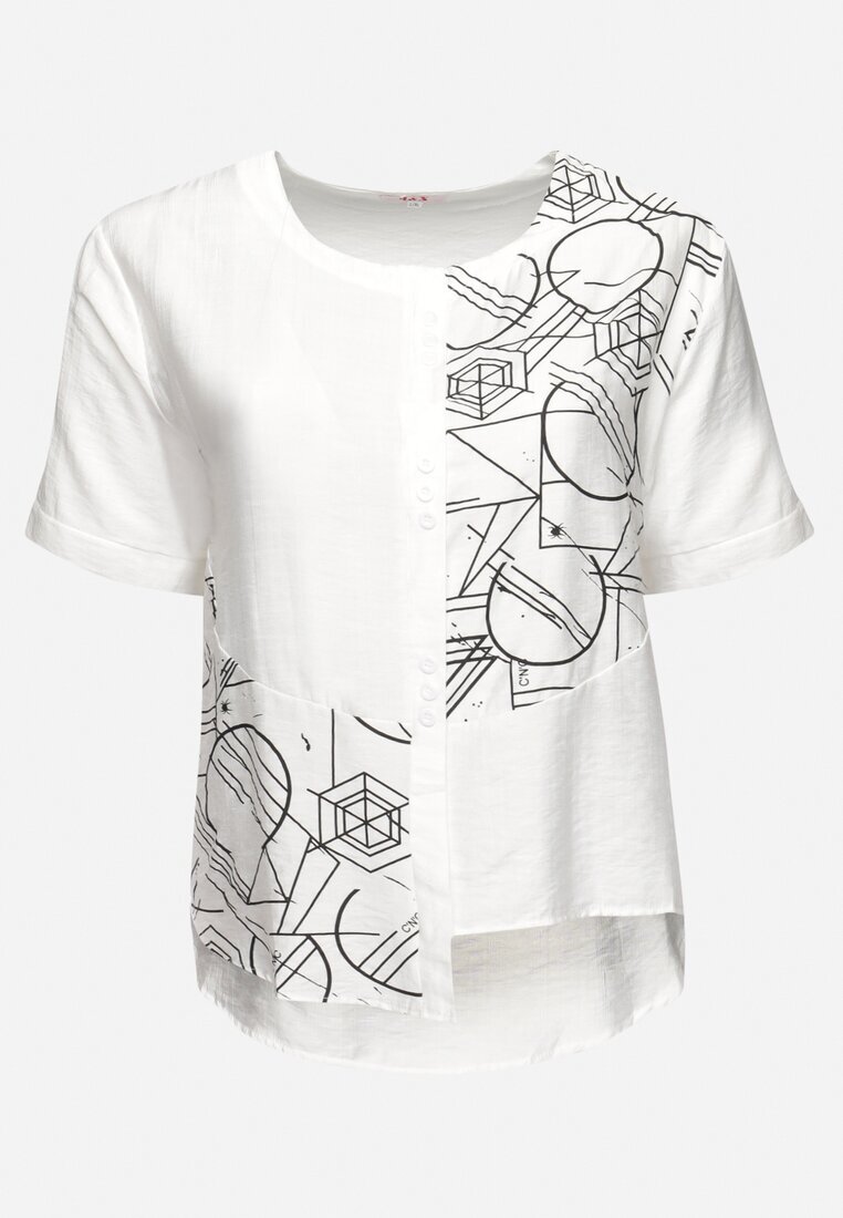 j&x Bluză T-shirt Albă din Bumbac cu Mânecă Scurtă cu Imprimeu și Nasturi Fiomara
