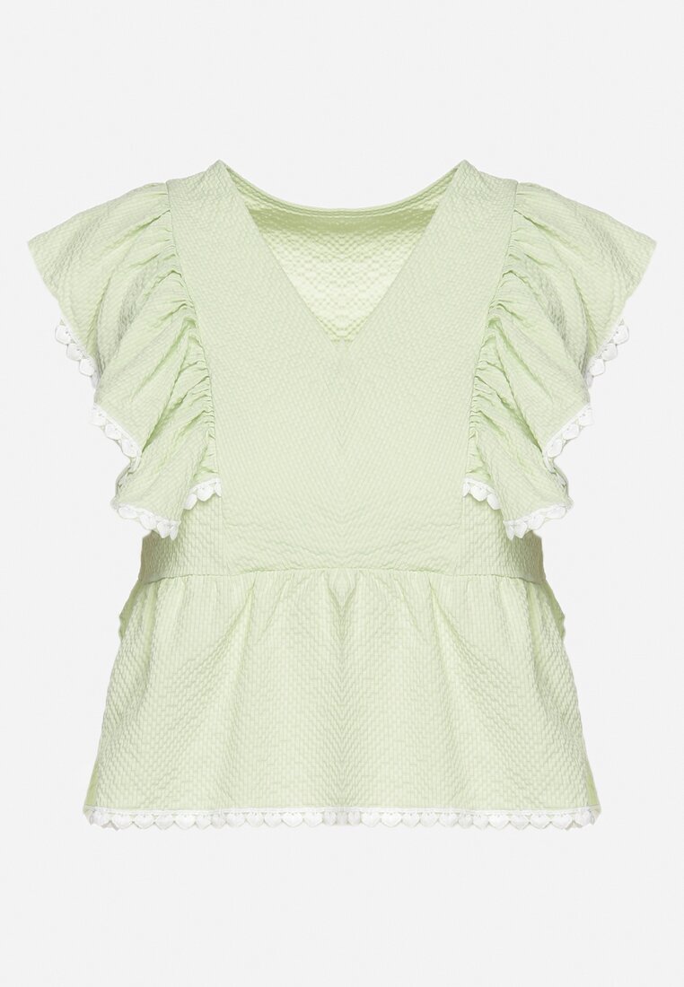 j&x Bluză verde decorată cu volan la umeri și la bază Frilemia