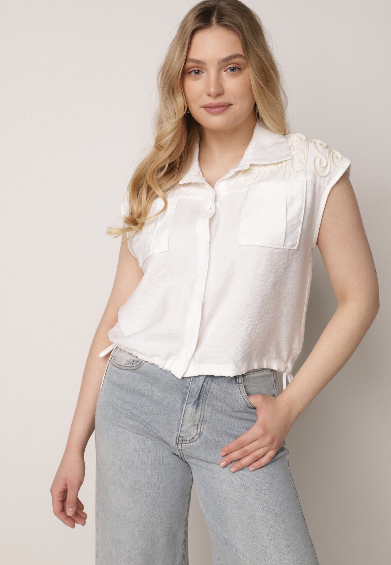 j&x Cămașă albă de viscoză Boho Fără mâneci cu șnur în talie Limopise