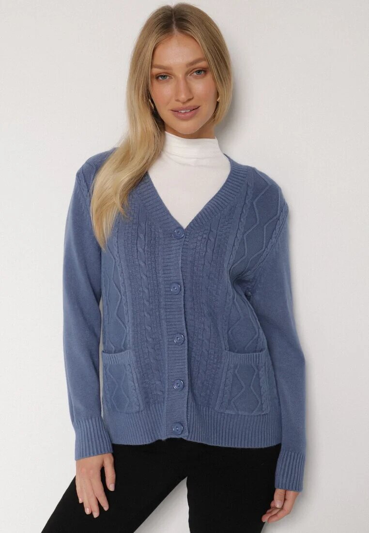 j&x Cardigan Albastru din Bumbac Decorat cu Model împletit și Buzunare Mevesava