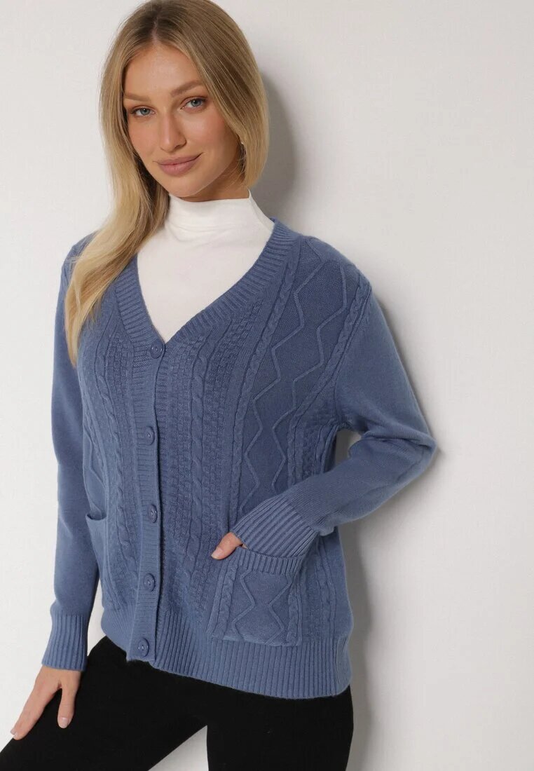 j&x Cardigan Albastru din Bumbac Decorat cu Model împletit și Buzunare Mevesava