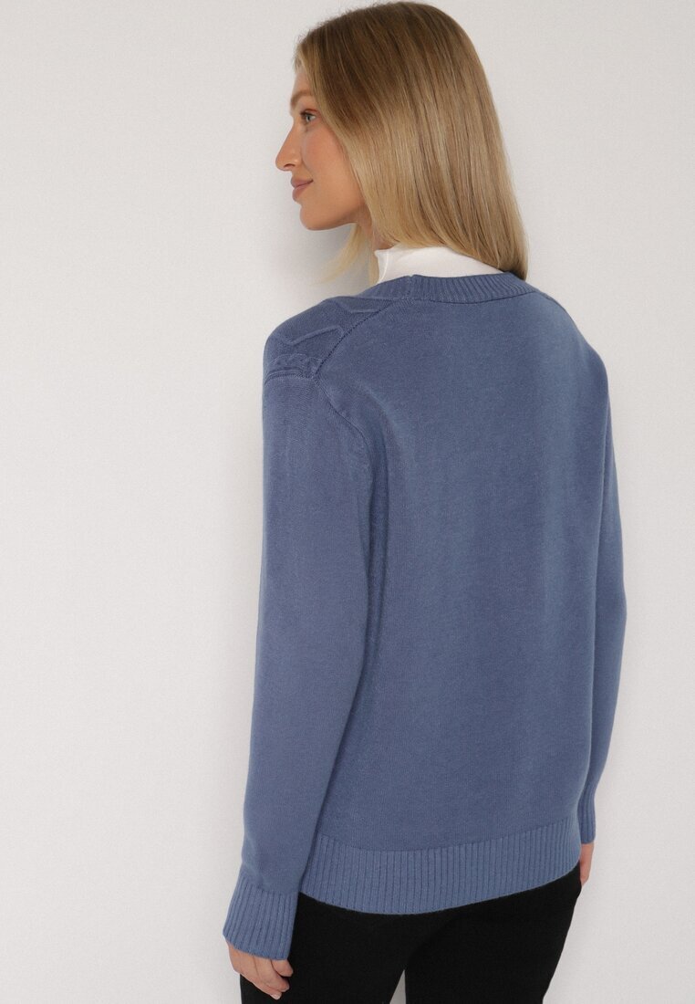 j&x Cardigan Albastru din Bumbac Decorat cu Model împletit și Buzunare Mevesava