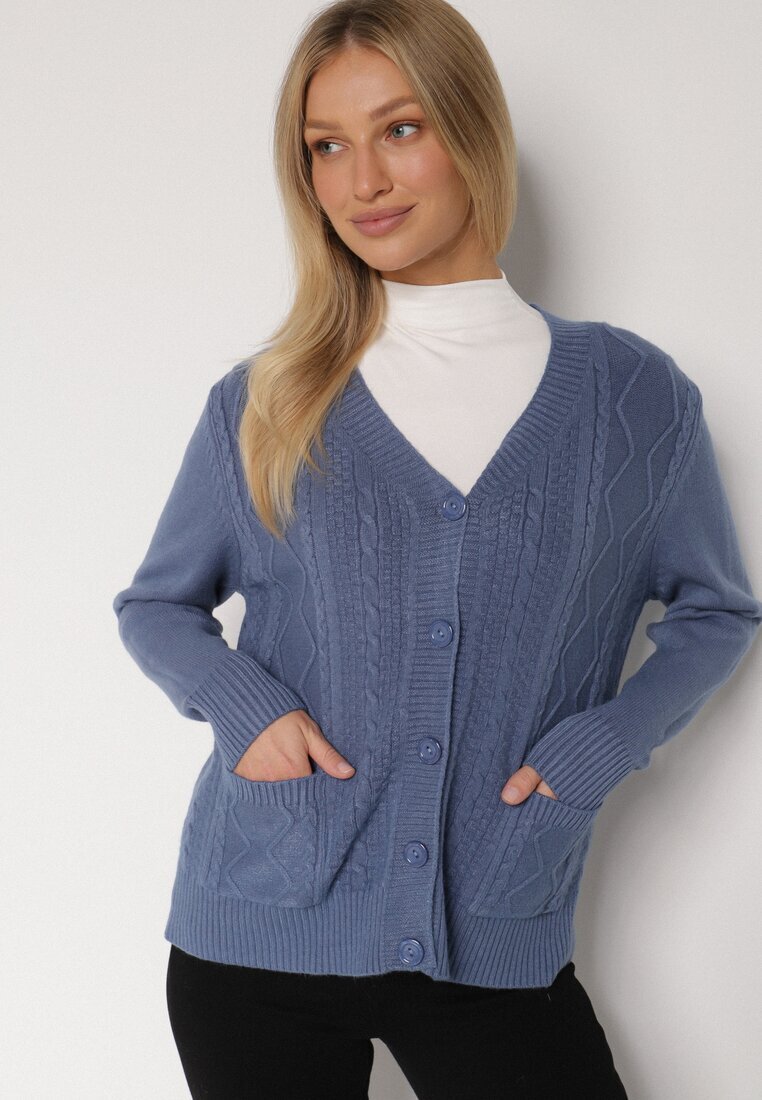 j&x Cardigan Albastru din Bumbac Decorat cu Model împletit și Buzunare Mevesava