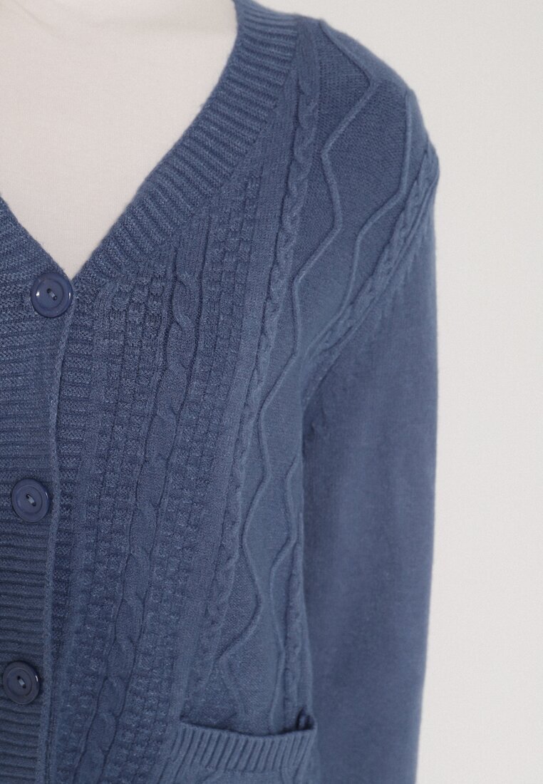 j&x Cardigan Albastru din Bumbac Decorat cu Model împletit și Buzunare Mevesava