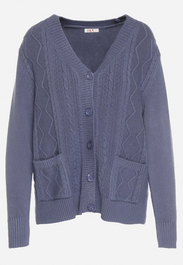 j&x Cardigan Albastru din Bumbac Decorat cu Model împletit și Buzunare Mevesava