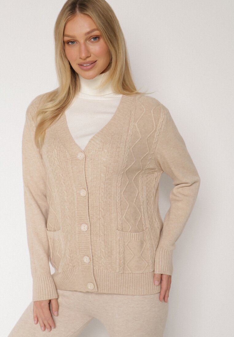 j&x Cardigan Bej deschis cu Bumbac Decorat cu Model împletit și Buzunare Mevesava