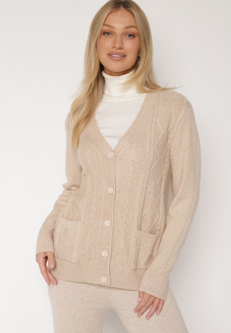 j&x Cardigan Bej deschis cu Bumbac Decorat cu Model împletit și Buzunare Mevesava