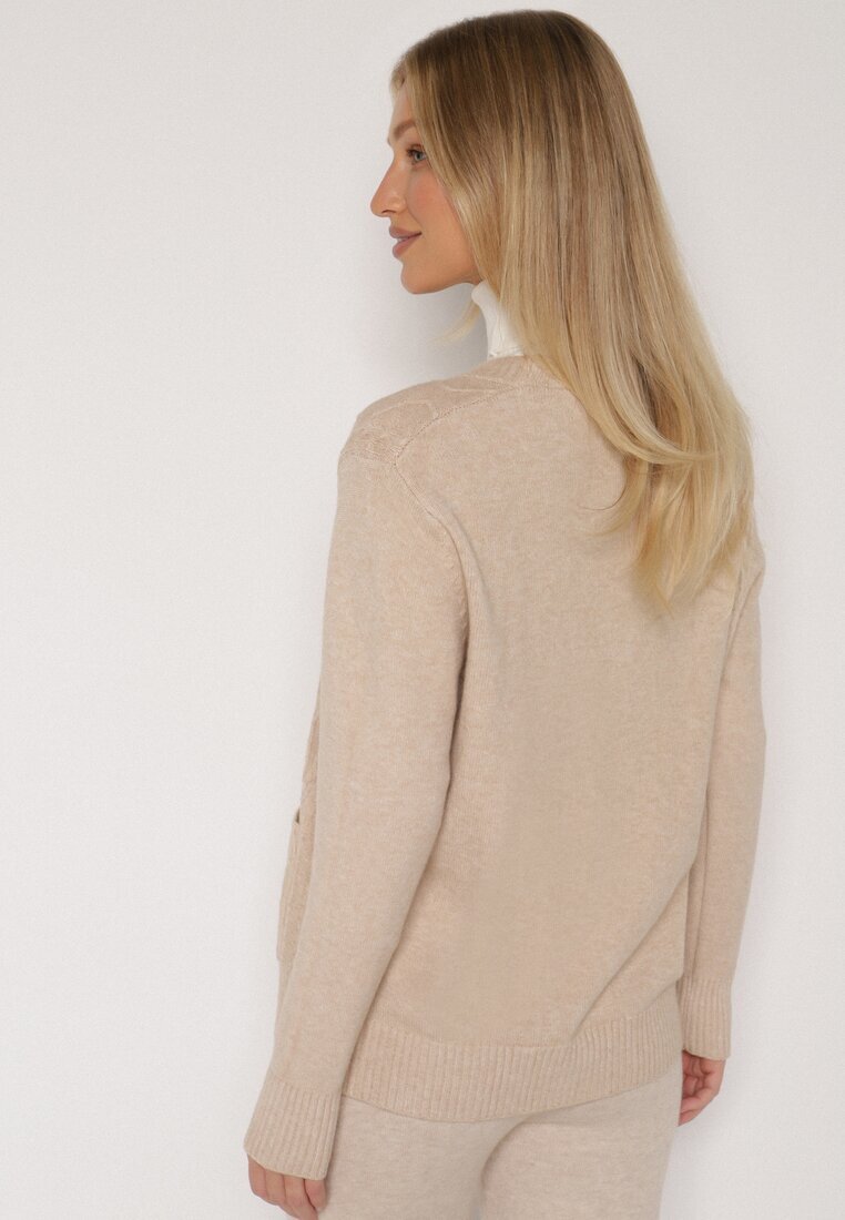 j&x Cardigan Bej deschis cu Bumbac Decorat cu Model împletit și Buzunare Mevesava