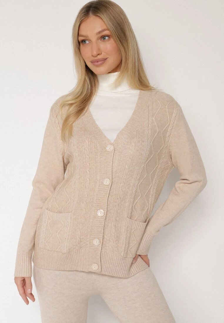 j&x Cardigan Bej deschis cu Bumbac Decorat cu Model împletit și Buzunare Mevesava