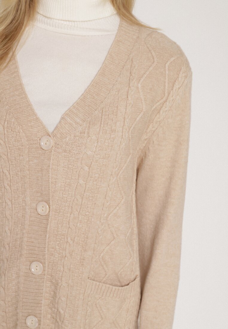 j&x Cardigan Bej deschis cu Bumbac Decorat cu Model împletit și Buzunare Mevesava
