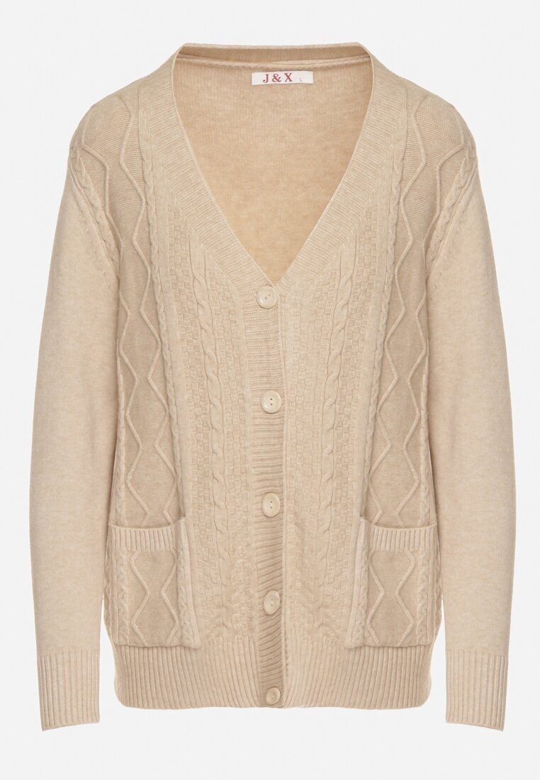 j&x Cardigan Bej deschis cu Bumbac Decorat cu Model împletit și Buzunare Mevesava
