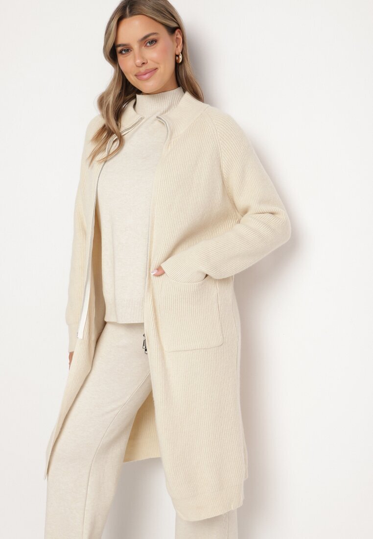 j&x Cardigan Bej deschis din lână cu croială lungă și simplă cu guler înalt cu fermoar Boniala