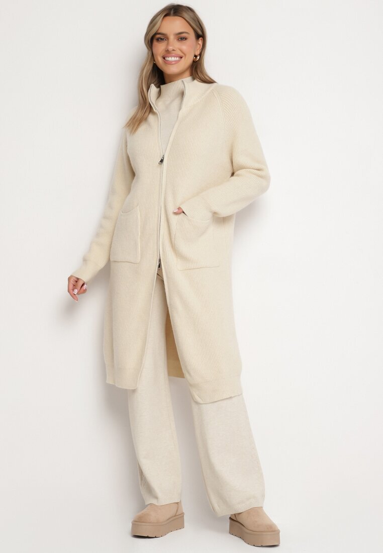 j&x Cardigan Bej deschis din lână cu croială lungă și simplă cu guler înalt cu fermoar Boniala
