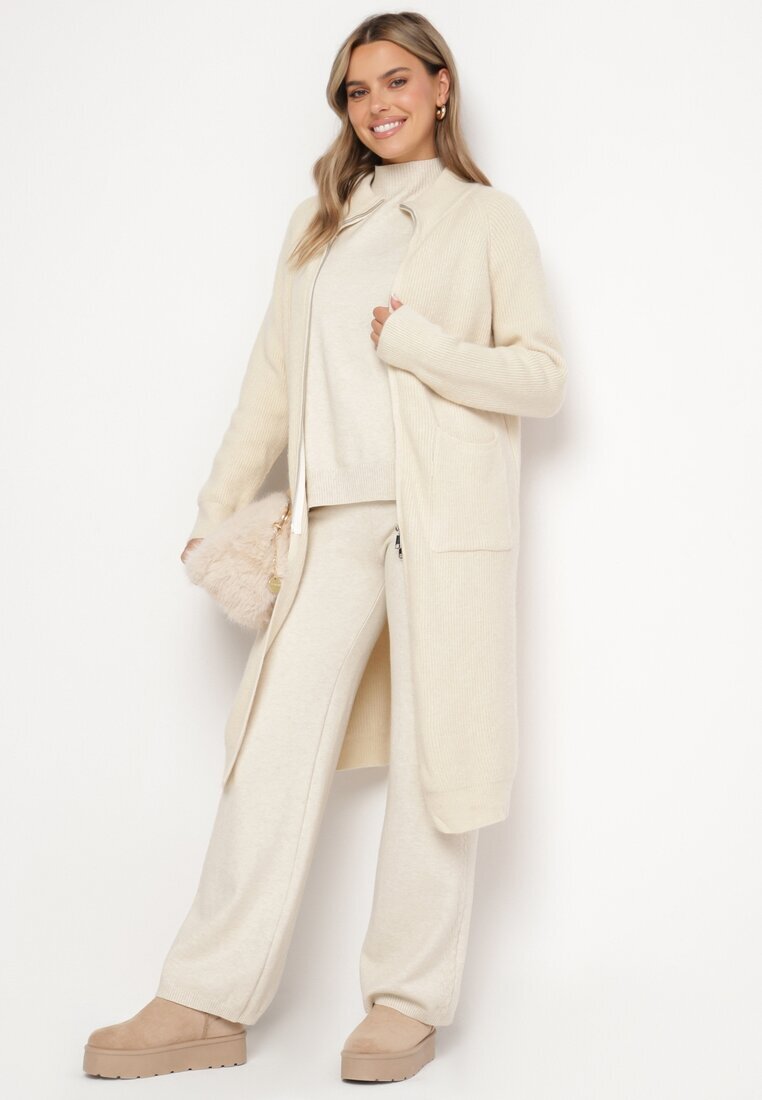 j&x Cardigan Bej deschis din lână cu croială lungă și simplă cu guler înalt cu fermoar Boniala
