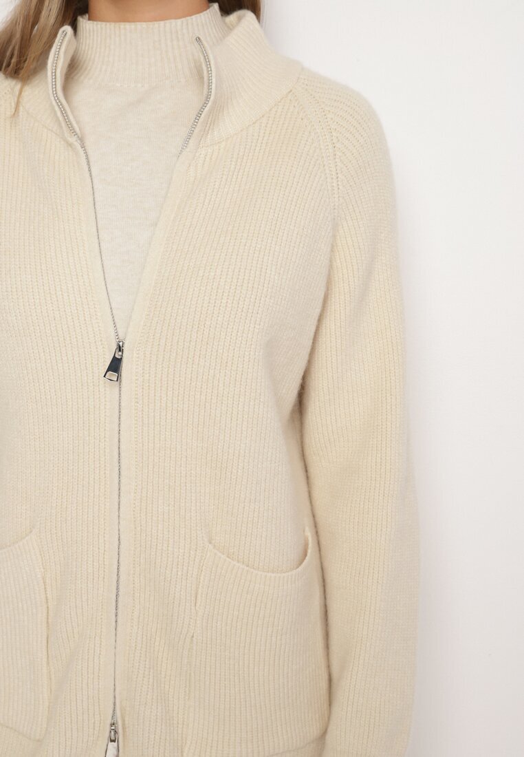 j&x Cardigan Bej deschis din lână cu croială lungă și simplă cu guler înalt cu fermoar Boniala