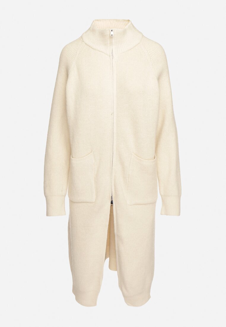 j&x Cardigan Bej deschis din lână cu croială lungă și simplă cu guler înalt cu fermoar Boniala