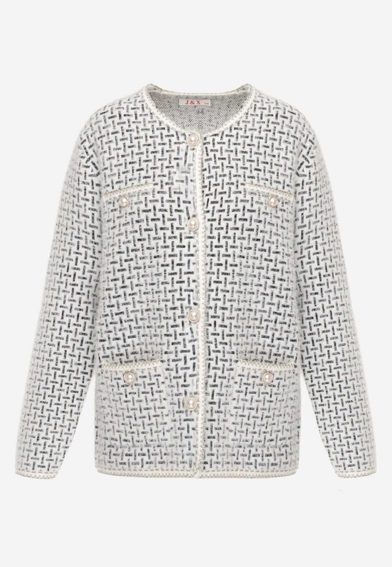 j&x Cardigan cu adaos de lână cu model geometric cu nasturi decorativi din imitație de perle Kasandra Alb
