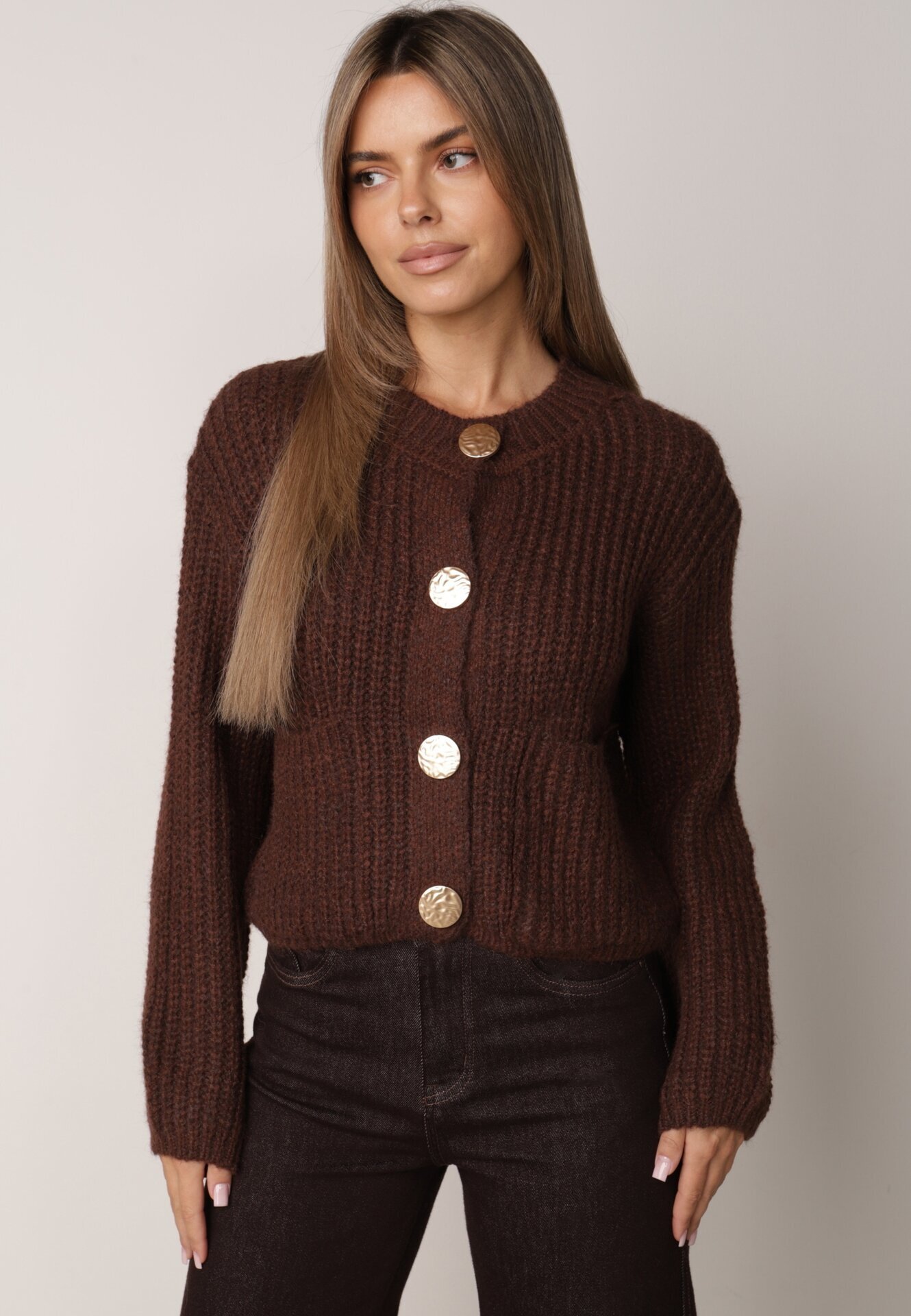 j&x Cardigan cu buzunare și nasturi aurii cu lână Aromi Maro