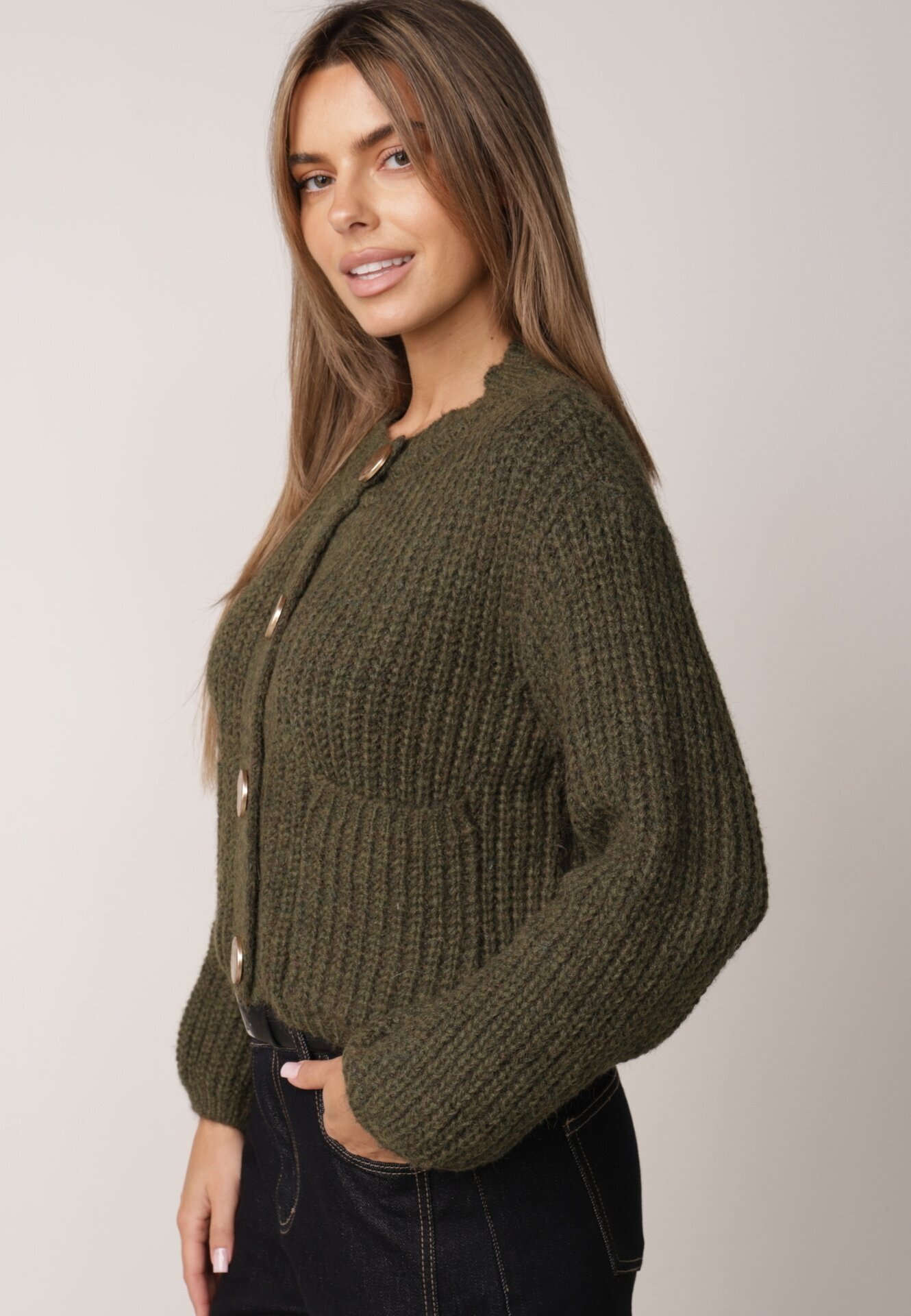 j&x Cardigan cu buzunare și nasturi aurii cu lână Aromi Verde