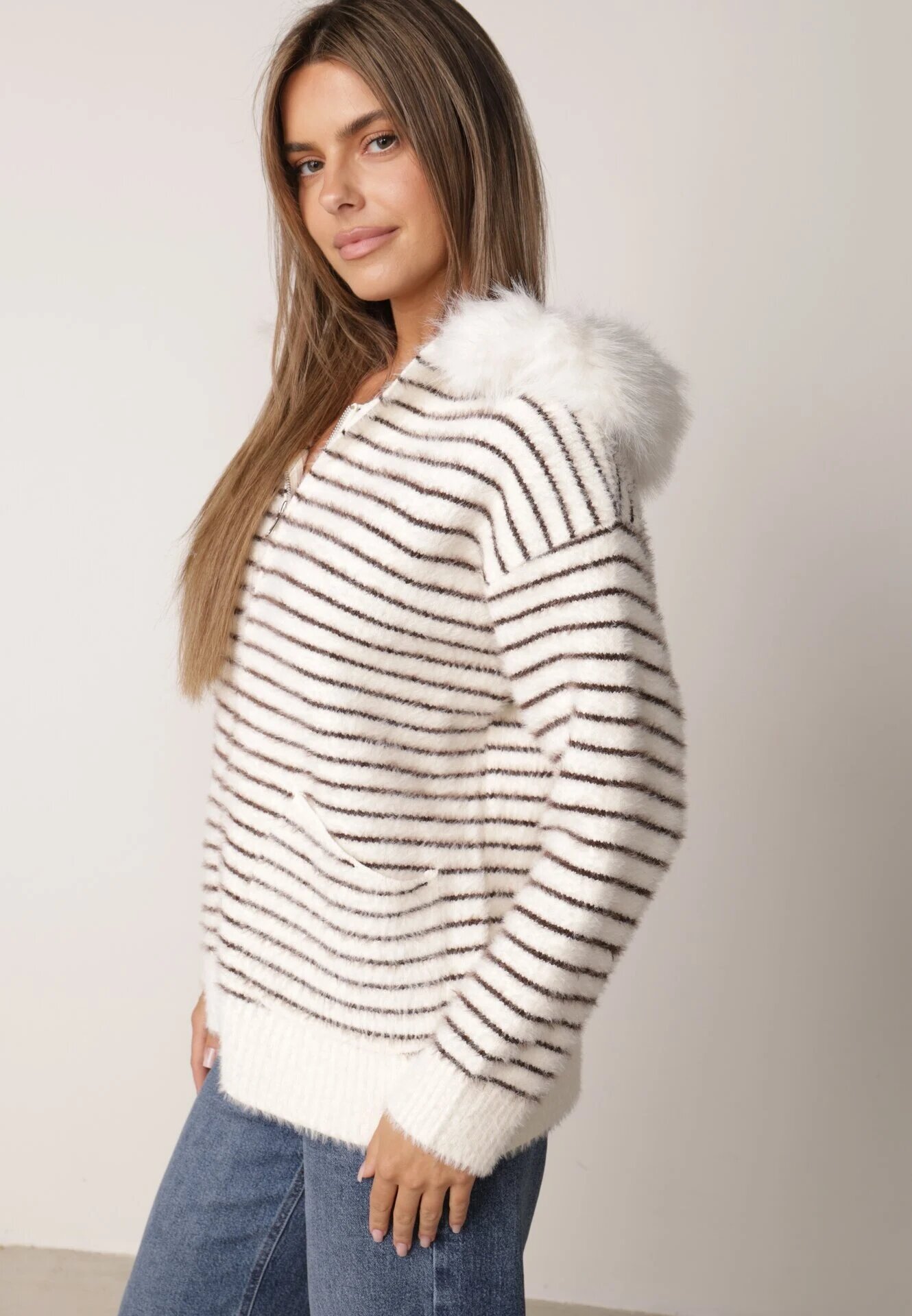 j&x Cardigan cu lână bumbac și glugă cu blăniță în dungi Jossalind Alb cu maro
