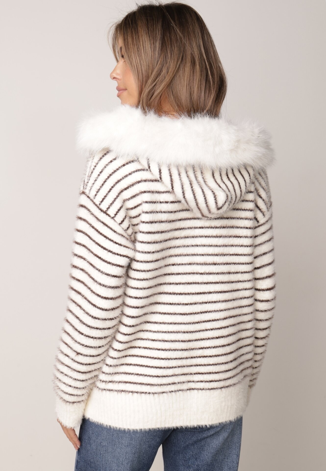 j&x Cardigan cu lână bumbac și glugă cu blăniță în dungi Jossalind Alb cu maro