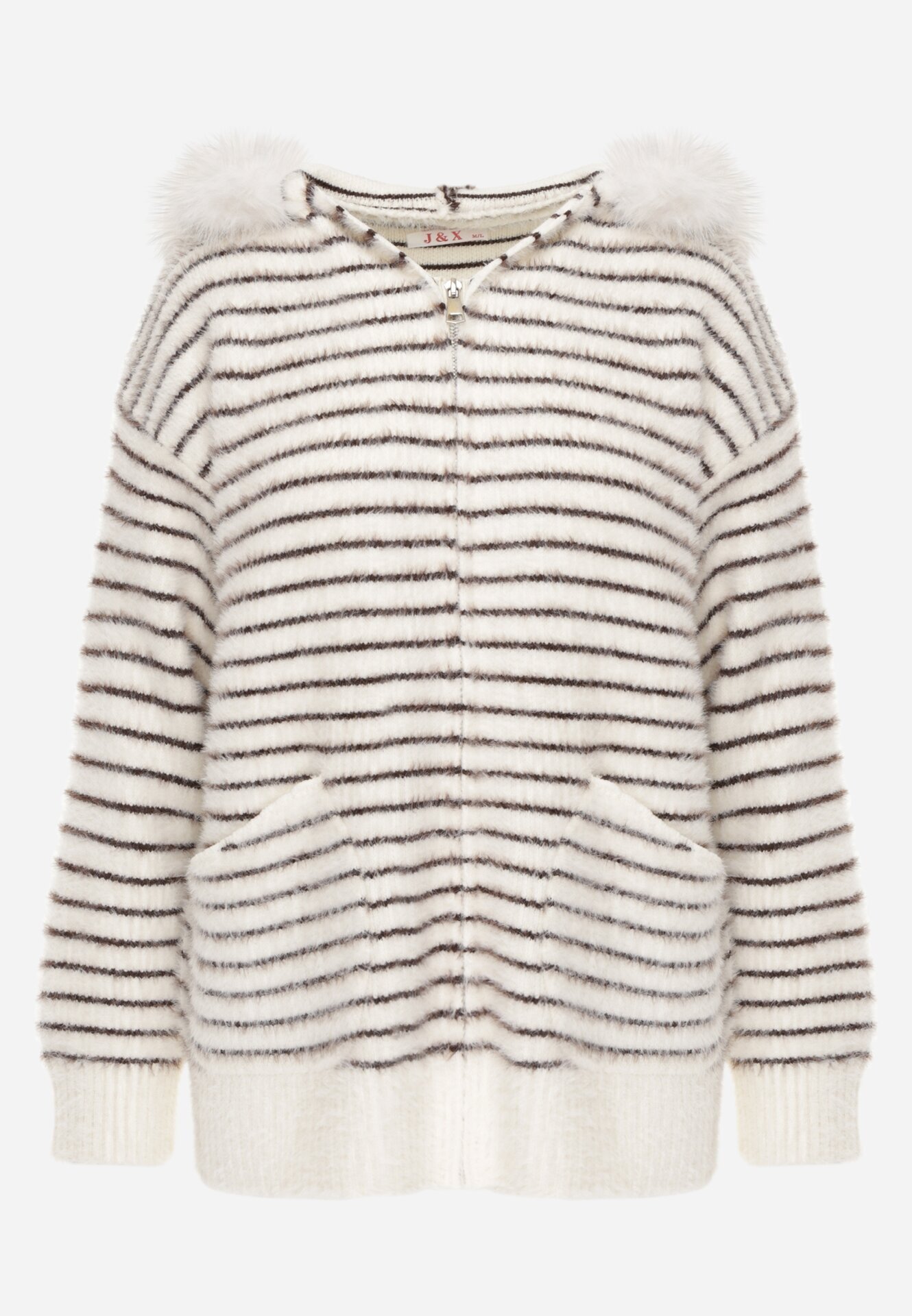 j&x Cardigan cu lână bumbac și glugă cu blăniță în dungi Jossalind Alb cu maro